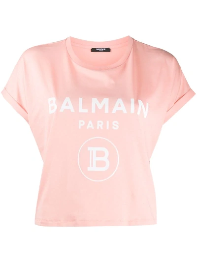 Shop Balmain Logo Print Cropped T-shirt In Pink