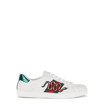 Shop Gucci Ace Snake-embroidered Leather Sneakers In White