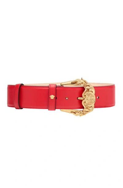 Shop Versace First Line Baroque Buckle Leather Belt In D6tot Rosso/ Gold
