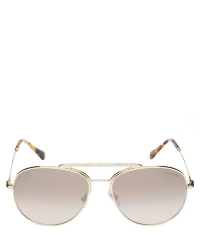 Shop Miu Miu Double-bridge Crystal Aviator Sunglasses In Gold-tone