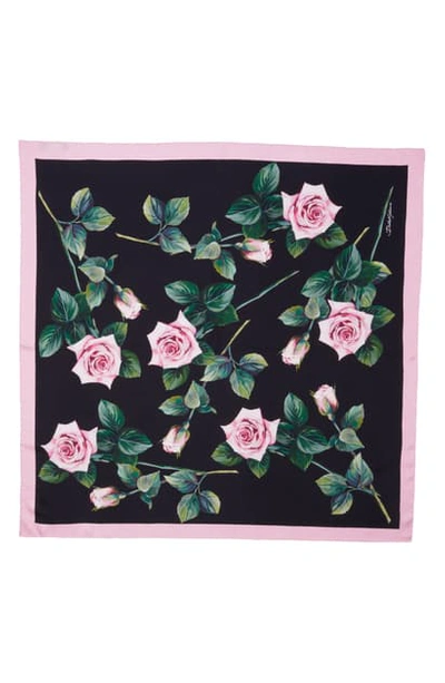 Shop Dolce & Gabbana Rose Print Square Silk Twill Scarf In Black