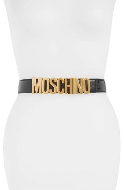 Shop Moschino Logo Plate Leather Belt In Red/ Gold