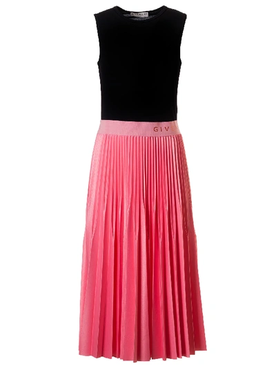 Shop Givenchy Sleeveless Pleated Skirt Dress In Black/pink