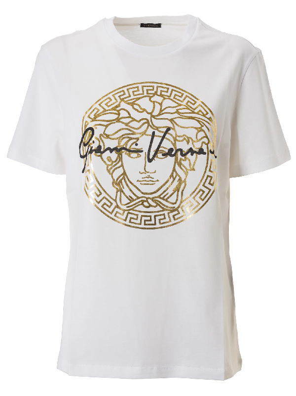 Versace Metallic Medusa Logo With Signature Tshirt In White/gold/black
