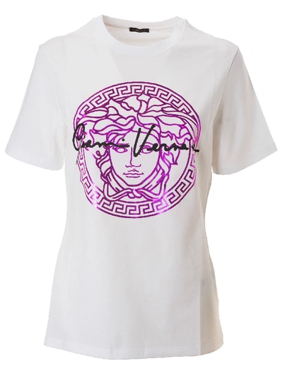 Shop Versace Metallic Medusa Logo With Signature T-shirt In White/fuchsia/black