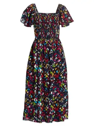 Shop Tanya Taylor Glenda Smocked Silk Midi Dress In Confetti Large Black