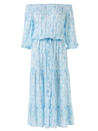 Shop Melissa Odabash Carmen Pattern Off-the-shoulder Maxi Dress In Amalfi Celeste