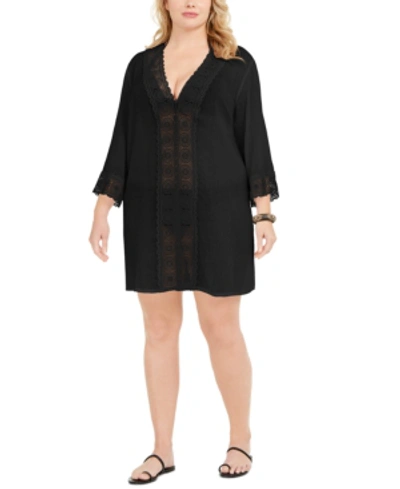 Shop La Blanca Plus Size Island Fare Cotton Tunic Cover-up Women's Swimsuit In Black