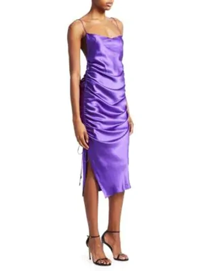 Shop Galvan Yasmine Silk Ruched Midi Dress In Purple