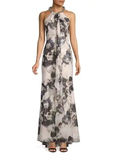 Shop Calvin Klein Embellished Floral Halter Gown In Black Multi