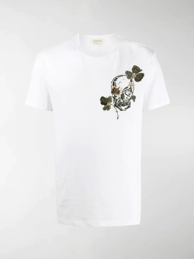 骷髅头花卉刺绣T恤