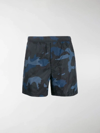 Shop Valentino Camouflage Printed Swim Shorts In Blue