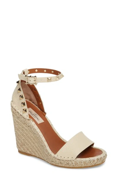 Shop Valentino Rockstud Espadrille Wedge In Light Ivory/ Ivory