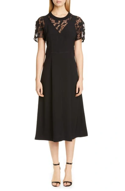 Shop Maison Margiela Lace Contrast Satin Back Crepe Midi Dress In Black And Black