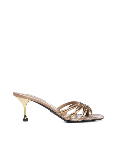 Shop Prada Crystal Embellished Leather Sandals In Oro