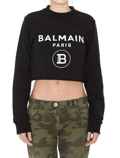 Shop Balmain Cropped Logo Sweatshirt In Black