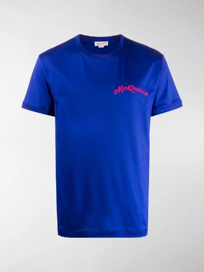 Shop Alexander Mcqueen Signature Embroidered T-shirt In Blue