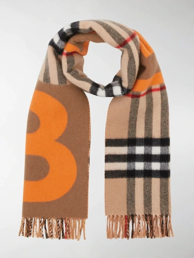 Shop Burberry Check And B Motif Scarf In Neutrals