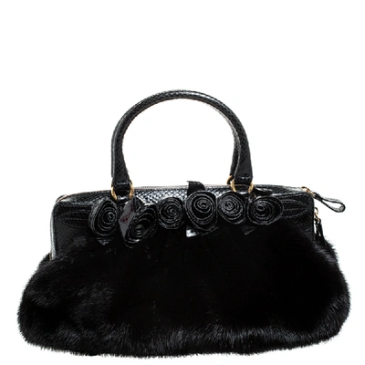 Pre-owned Valentino Garavani Black Applique Fur And Snake Skin Bag