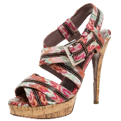 Pre-owned Missoni Multicolor Crochet Fabric And Leather Trim Ankle Strap Platform Sandals Size 38