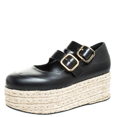 Pre-owned Marni Black Leather Buckle Detail Platform Espadrilles Flats Size 38