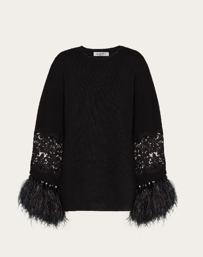 Shop Valentino Wool Cashmere Sweater With Feathers In Black
