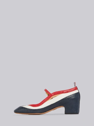 Shop Thom Browne Tricolor Pebbled Calfskin Brogue Spectator Mary Jane Block Heel In Blue