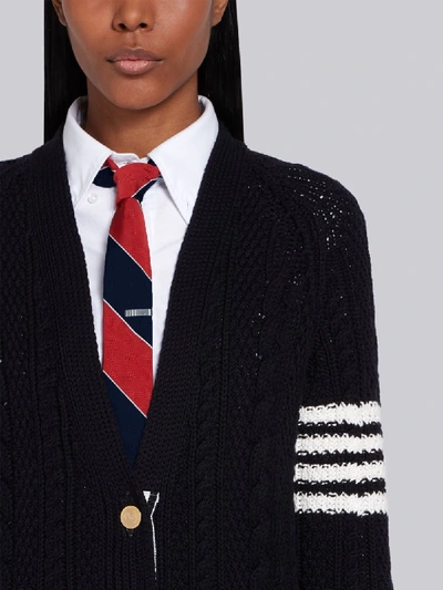 Shop Thom Browne Navy Cotton Crepe Aran Cable Long V-neck 4-bar Cardigan In Blue