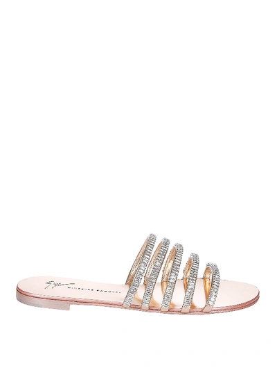 Shop Giuseppe Zanotti Michela Jewel Strap Flat Copper Sandals In Rose Gold
