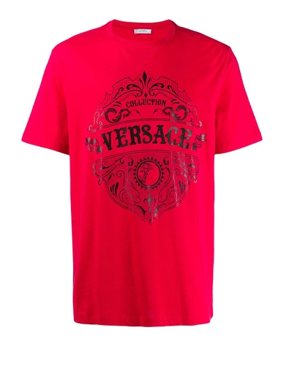 Shop Versace Logo Print Red Cotton T-shirt