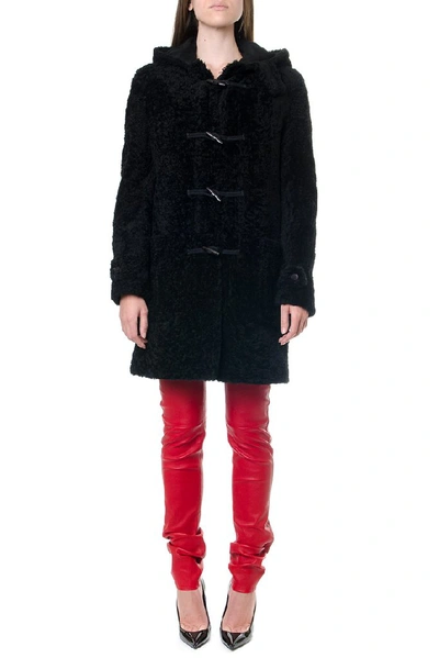 Shop Saint Laurent Shearling Hooded Duffle Coat In Black
