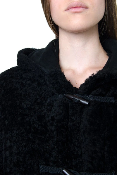 Shop Saint Laurent Shearling Hooded Duffle Coat In Black