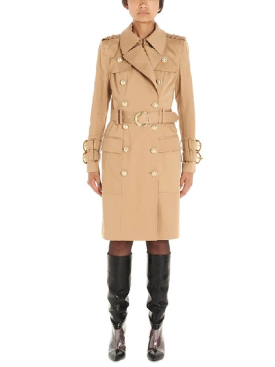 Shop Balmain Double Breasted Trench Coat In Beige