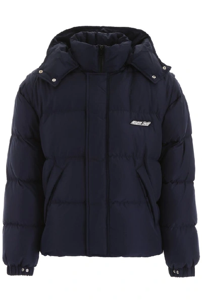 Shop Msgm Printed Logo Hooded Down Jacket In Blue