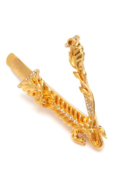 Shop Versace Crystal Embellished Logo Hair Clip In Gold