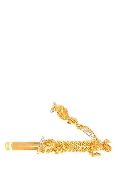 Shop Versace Crystal Embellished Logo Hair Clip In Gold