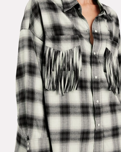 Shop R13 Western Fringe Plaid Shirt In Grey/plaid