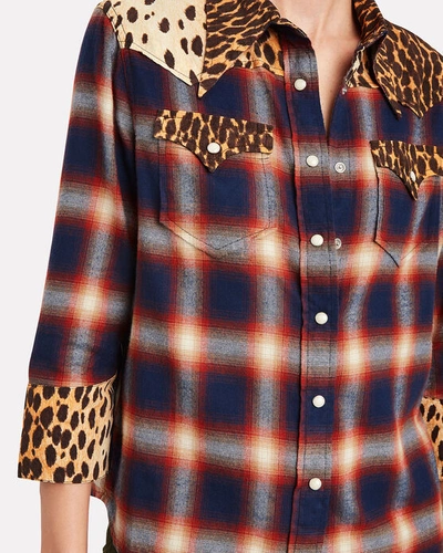 Shop R13 Exaggerated Collar Cowboy Shirt In Blue/cheetah