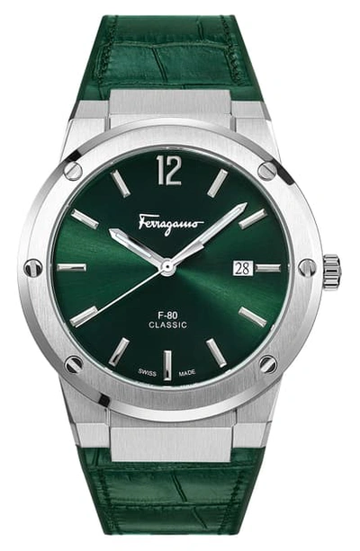 Shop Ferragamo F-80 Croc Embossed Leather Strap Watch, 41mm In Green/ Silver