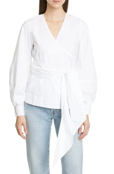 Shop Ganni Cotton Poplin Wrap Top In Bright White