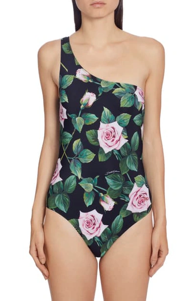 Shop Dolce & Gabbana Floral One-shoulder One-piece Swimsuit In Hn96c Black