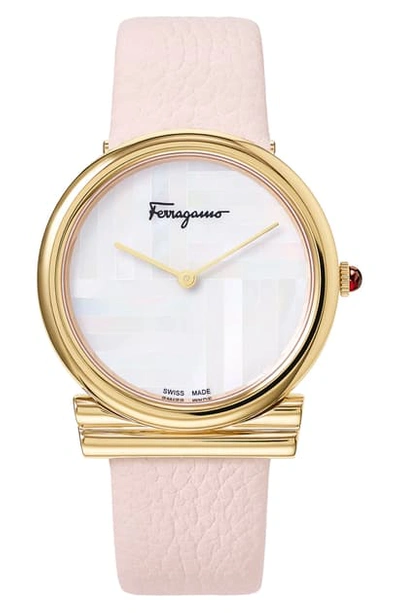 Shop Ferragamo Gancino Slim Leather Strap Watch, 34mm In Pink/ White Mop/ Gold