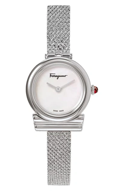Shop Ferragamo Gancino Slim Mesh Strap Watch, 22mm In Silver/ White Mop/ Silver