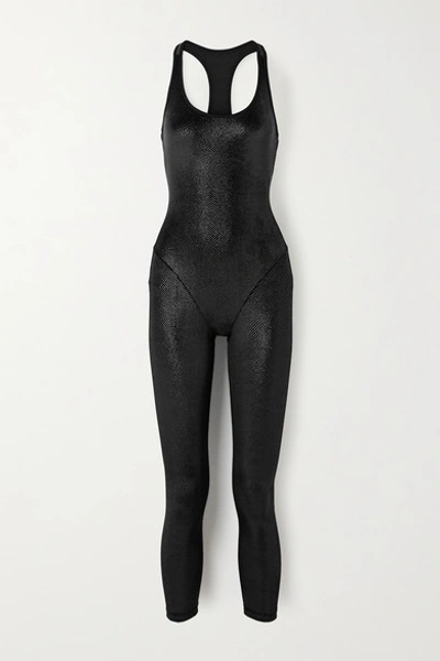 Shop Adam Selman Sport Cutout Printed Stretch-velvet Jumpsuit In Black