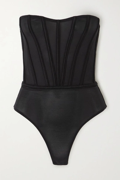 Shop Agent Provocateur Roxey Silk-blend Satin-trimmed Mesh And Cotton Thong Bodysuit In Black