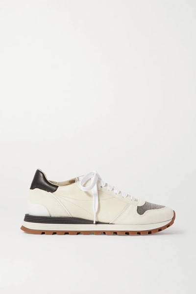 Shop Brunello Cucinelli Bead-embellished Nylon, Suede And Leather Sneakers In White