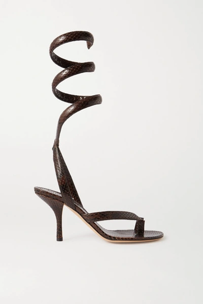 Shop Bottega Veneta Snake-effect Leather Sandals In Brown
