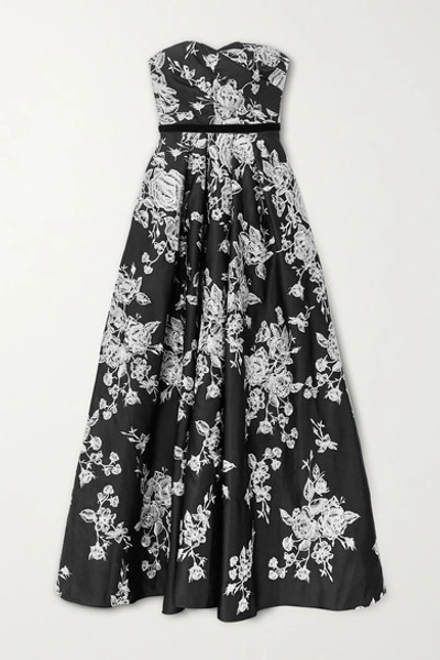 Shop Marchesa Notte Strapless Velvet-trimmed Embroidered Duchesse-satin Gown In Black