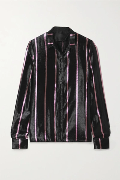 Shop Rta Blythe Striped Metallic Silk-blend Lamé Shirt In Black