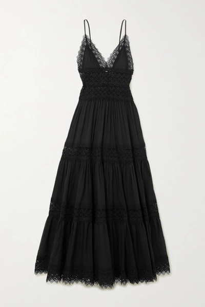 Shop Charo Ruiz Cindy Crocheted Lace-paneled Cotton-blend Maxi Dress In Black